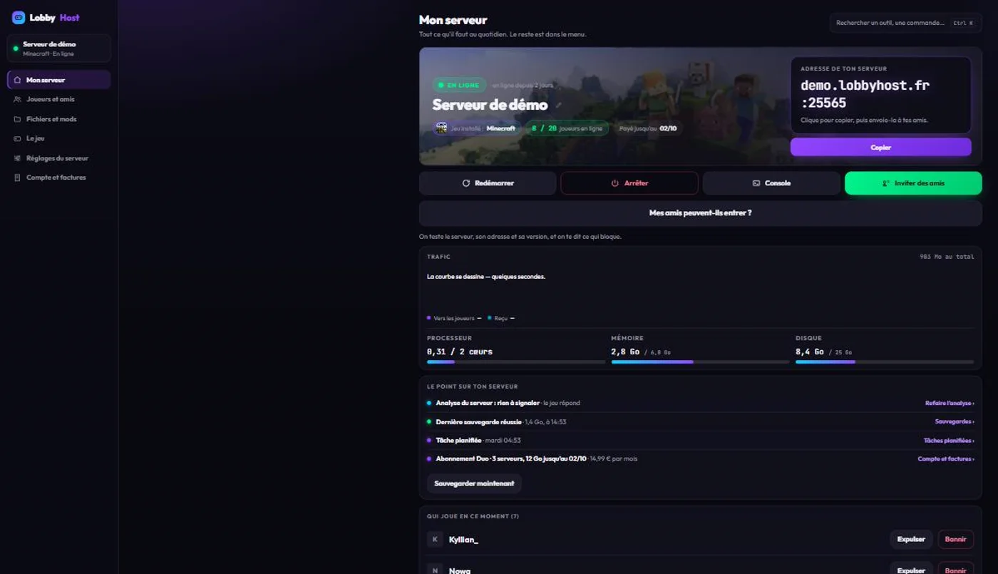 Le panneau LobbyHost : serveur en ligne avec 8 joueurs sur 20, adresse à copier, boutons redémarrer, arrêter, console et inviter des amis, jauges de processeur, mémoire et disque, et la liste des joueurs connectés.