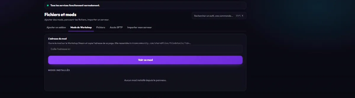 Le tiroir « Mods du Workshop » du panneau LobbyHost : un champ où coller l'adresse du mod, un bouton « Voir ce mod », et la liste des mods installés.